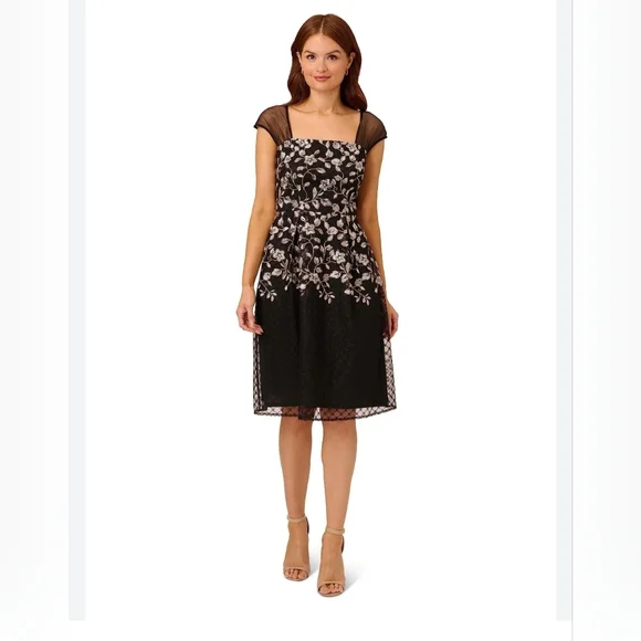 Karen Kane | Dresses | Adrianna Papell Embroidered Square Neck Illusion Cap  Sleeve Aline Midi Dress | Poshmark